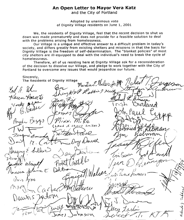 image of letter to Mayor Vera Katz